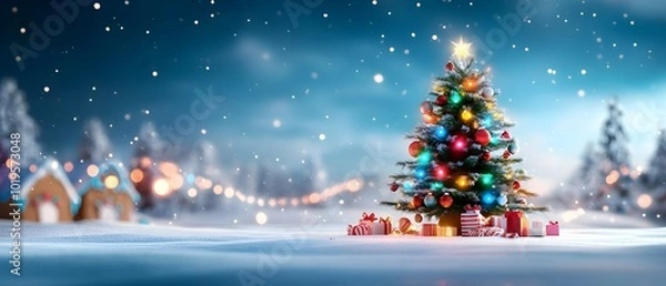 Fototapeta Festive 3D Christmas Tree in Cozy Gingerbread House with Sparkling Lights and