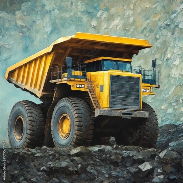 Obraz A large yellow dump truck on a pile of rocks, used for heavy-duty transport.