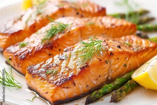 Fototapeta Three pieces of salmon are served with asparagus and lemon slices