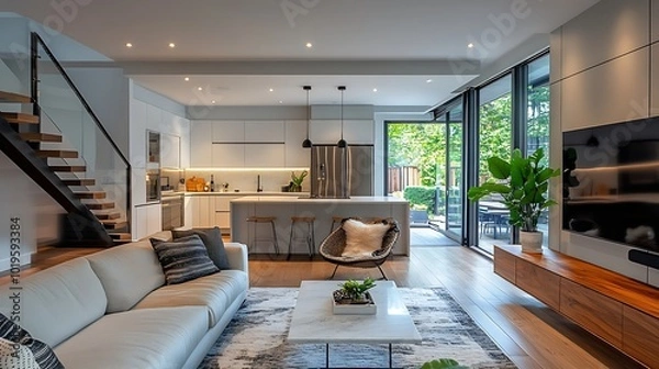 Fototapeta Modern interior design featuring an open concept kitchen and cozy living room : Generative AI
