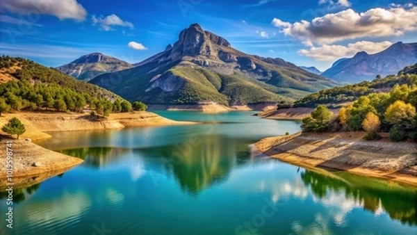 Fototapeta Reservoir in the Lozoya valley with stunning mountain backdrop, reservoir, Lozoya valley, Pinilla, mountains
