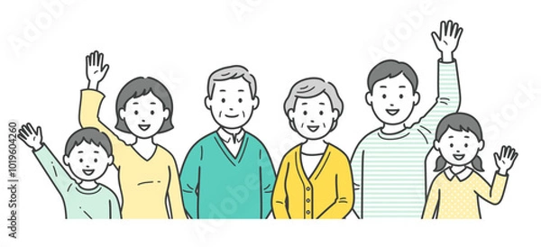 Obraz 三世代の家族が集合して手を振る上半身イラスト