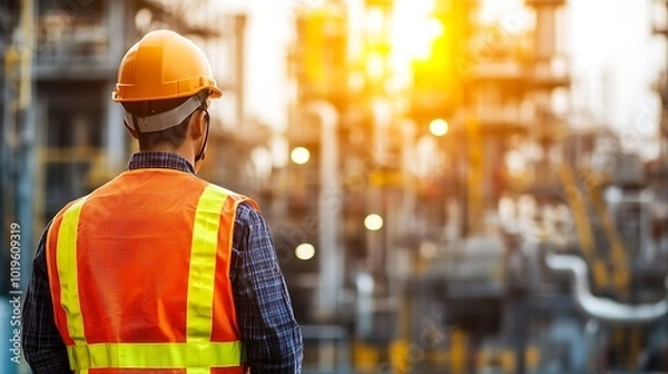 Fototapeta Construction Worker Standing Before A Blurry Industrial Landscape