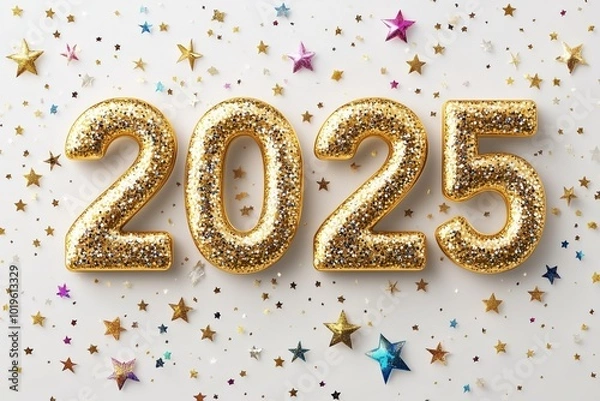 Fototapeta 3D golden text "2025" on a white background with stars, confetti, and sparkles. A New Year concept.