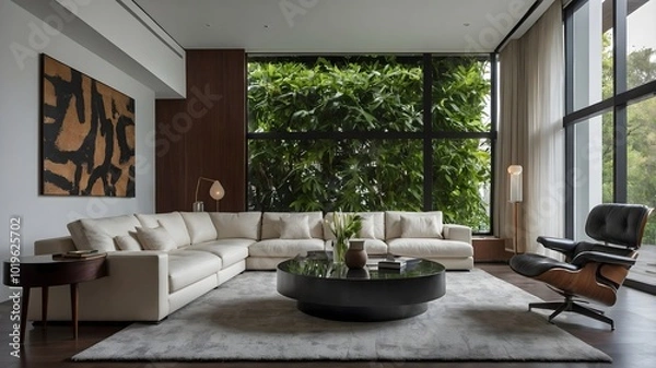 Fototapeta Ai Generated Image of Modern Living Room with large sofa and the large panel of windows with nature. 