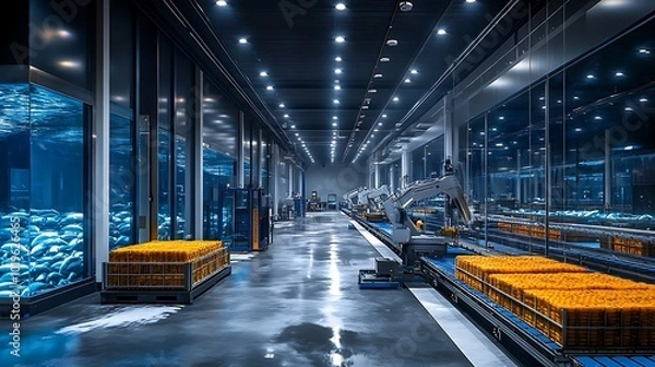 Fototapeta Automated Fish Packing Facility: A hyper-realistic image of a large-scale, industrial fish packing facility. 
