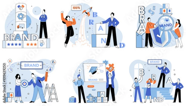 Fototapeta Brand building vector illustration. Brand identity, mosaic, creates visual and emotional tapestry in process brand building Brand, conductor, orchestrates symphony elements during brand-building