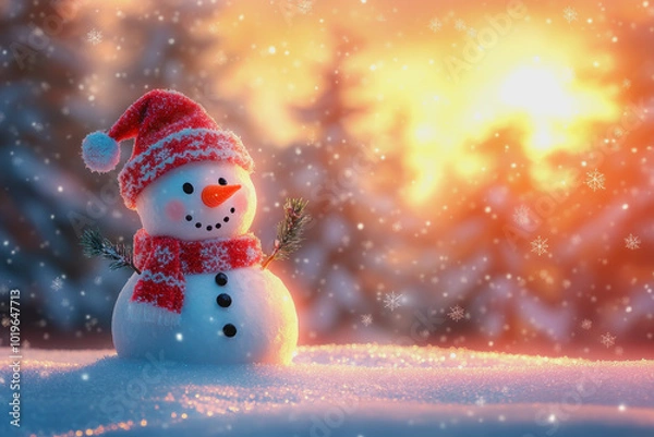 Fototapeta Playful snowman in a Christmas-themed winter forest with falling snow