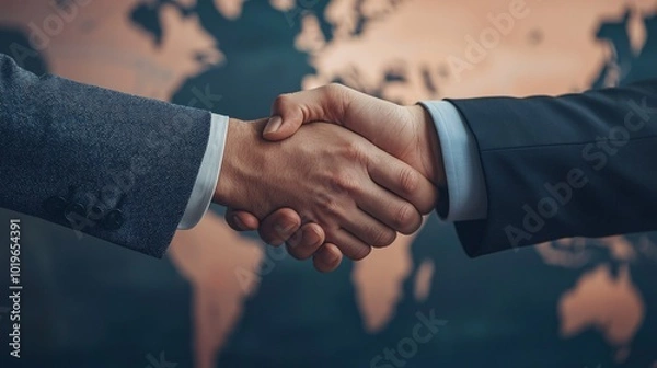 Fototapeta Global Partnership: A powerful handshake seals a significant deal, symbolizing international collaboration and mutual success against a world map backdrop.  
