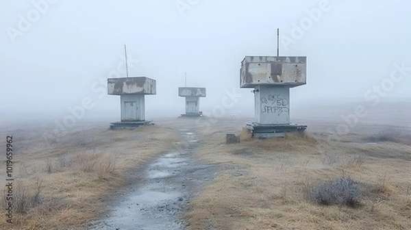 Fototapeta Eerie and haunting post apocalyptic landscape of a desolate battlefield covered in radioactive fog with rusting tanks missile craters and other decaying military remnants dotting the bleak