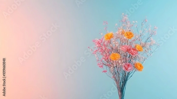 Obraz Floating bouquet of pastel pink and yellow flowers hovering above a soft gradient background creating a dreamy ethereal and romantic scene