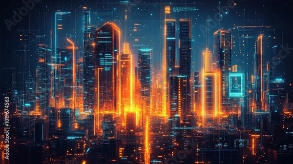 Fototapeta Futuristic Cityscape with Neon Lights and Digital Grids