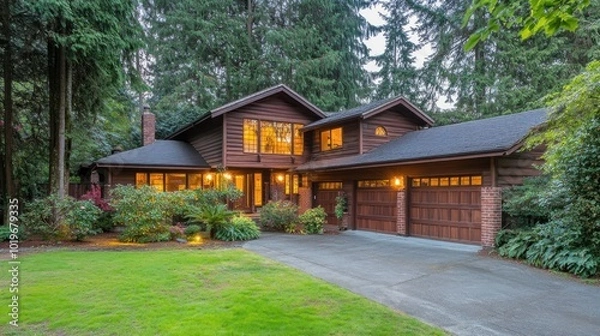 Fototapeta A cozy wooden house surrounded by lush greenery in a tranquil setting.