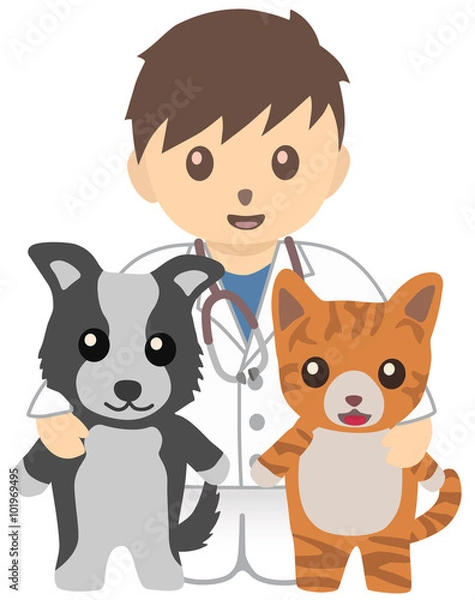 Fototapeta 男性獣医師と犬と猫