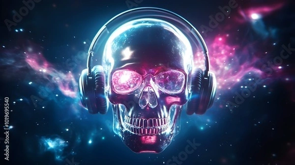 Fototapeta A metallic skull with sleek, modern headphones, floating in a space-themed background with cosmic nebulae and stars