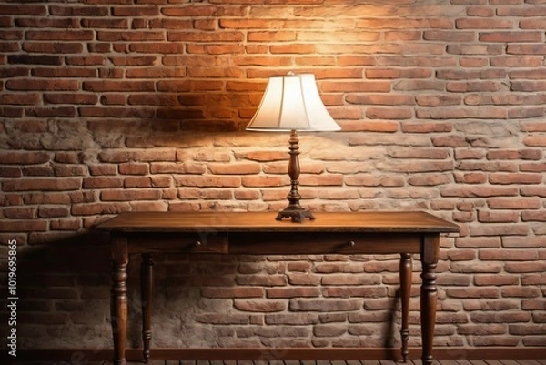 Fototapeta An old-fashioned lamp on vintage table over the wall in an empty room featuring wooden furniture