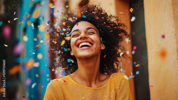 Fototapeta Young woman laughing while throwing confetti in the air, colorful backdrop that highlights happiness and celebration Generative AI