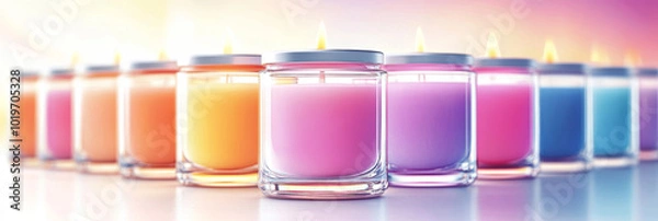 Fototapeta A row of colorful candles, lit and ready to create a relaxing atmosphere.