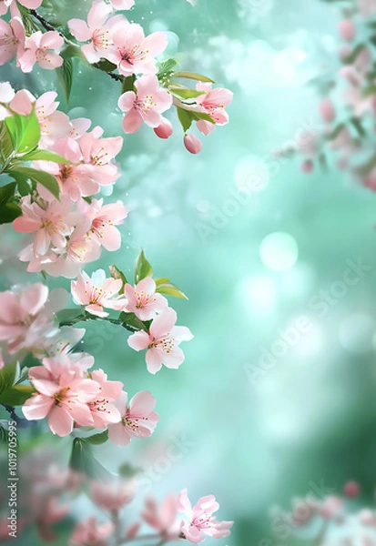 Fototapeta Beautiful blurred spring background nature with blooming glade, trees and blue sky on a sunny day spring poster template with large copy space for text