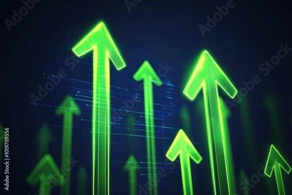 Fototapeta A digital illustration of glowing green arrows pointing upwards, symbolizing growth and progress in a futuristic context.