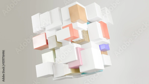 Fototapeta Abstract Floating Cubes in a Minimalist 3D Design with Pastel Accents. An arrangement of white and pastel-colored cubes suspended in a minimalist 3D space, modern visual aesthetic.
