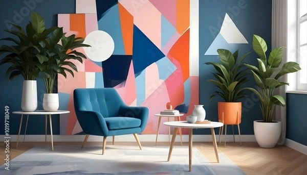 Fototapeta A modern living room with a blue armchair, a small white side table with a potted plant, and a colorful abstract background with orange, pink, and blue geometric shapes.