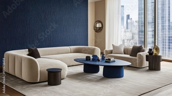 Fototapeta Modern living room featuring stylish furniture and a city view.