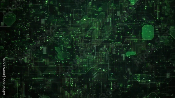 Obraz Dark abstract art background with broken squares and glowing green lines geometric futuristic circuit board, digital art with glowing moss green color