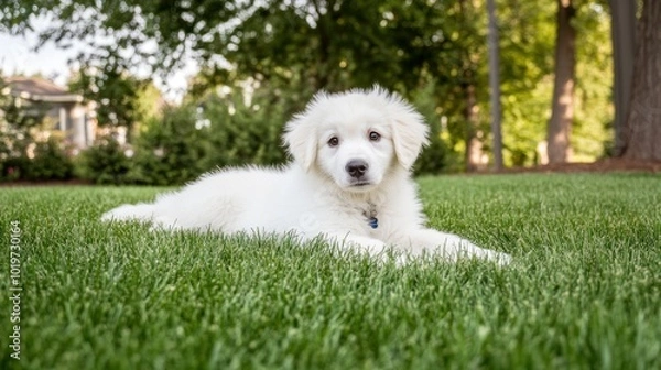 Fototapeta A fluffy white puppy lounging on green grass in a serene outdoor setting.