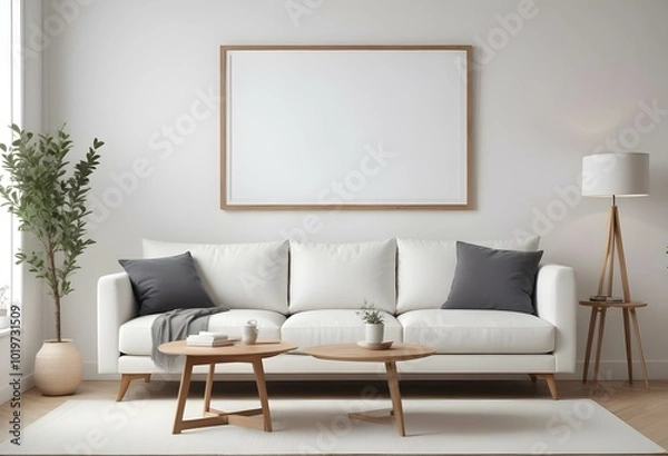 Fototapeta A white sofa with wooden legs in a minimalist living room setting, with a large blank white frame on the wall above the couch.