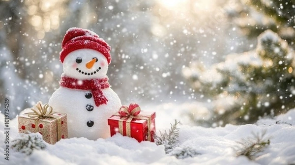 Fototapeta Snowman and holiday gift boxes placed in a snowy winter wonderland, with snow-covered trees in the background.