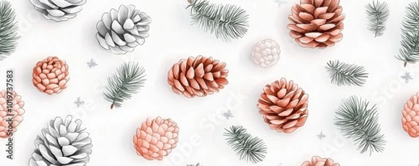 Obraz Pine cones and branches on a white background design.