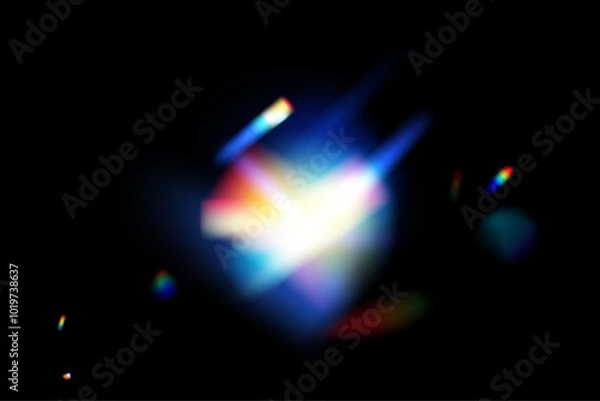 Fototapeta Dynamic lens flare and rainbow prism effect on transparent background. Rainbow light rays, lens flare, reflection effect from crystal, glass or gem. Blur colorful rainbow crystal light leaks.
