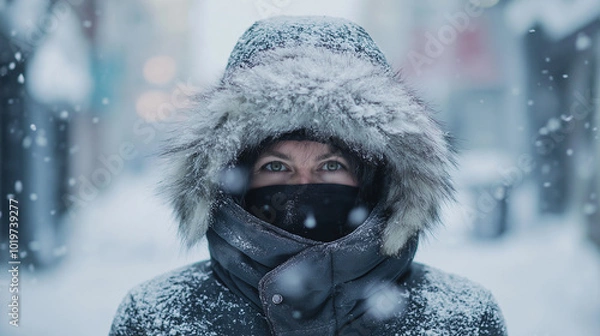 Fototapeta Person in winter clothing during snowfall