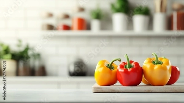 Fototapeta Fresh red and yellow bell peppers on a cutting board in a modern kitchen with a blurred background of kitchen shelves and utensils.