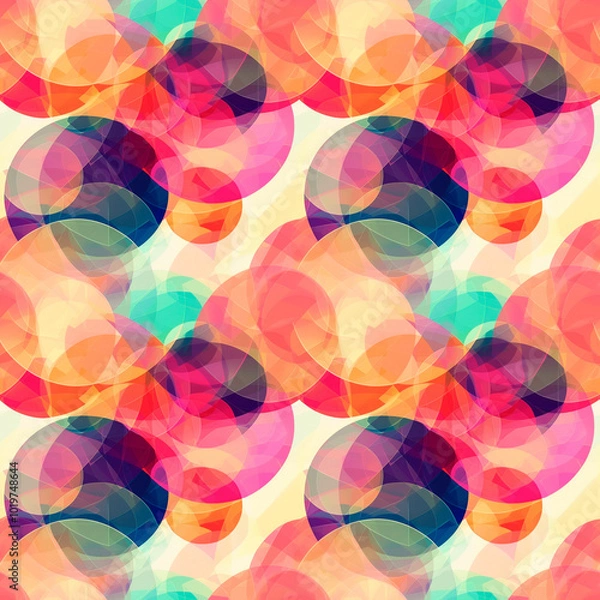 Obraz Vibrant abstract pattern with overlapping circles in vibrant shades of red, orange, yellow and turquoise. Seamless background