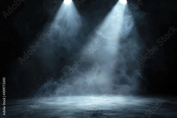 Fototapeta Dark background, concrete floor with smoke and fog, dark scene, spotlights on the ground, background for product presentation