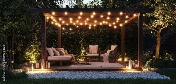 Fototapeta Simple garden pergola with patio furniture on gravel under string lights.
