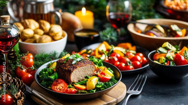 Fototapeta A vegan Christmas dinner table featuring plant-based dishes like nut roast, roasted vegetables, and a colorful salad