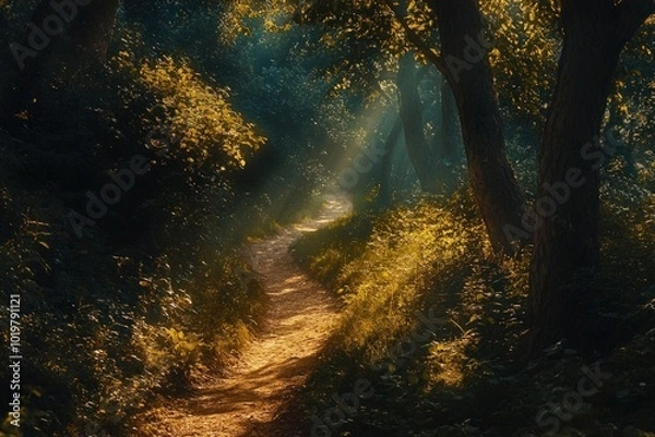 Fototapeta A cinematic wide shot of a forest trail winding into the distance, surrounded by towering trees and dappled sunlight creating dramatic highlights and shadows along the path