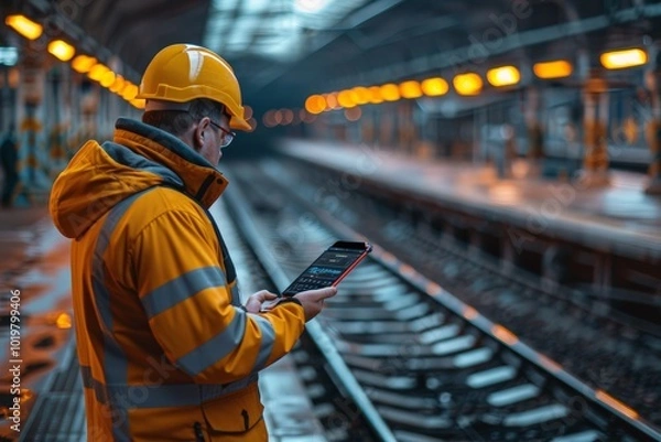 Fototapeta An engineer in high-visibility gear uses a tablet computer on an underground platform, highlighting the fusion of technology and traditional railway industries.