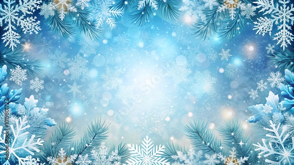 Fototapeta Winter banner with snowflakes and fir branches on blue background, perfect for seasonal promotions, holiday greetings, festive events, websites, and social media posts