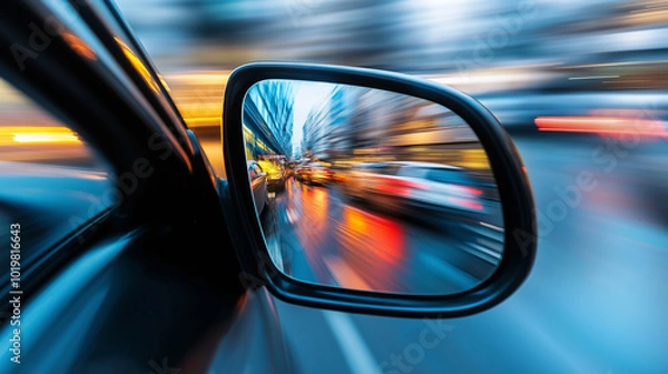Fototapeta Side mirror view from a speeding car, with blurred city lights in motion.
