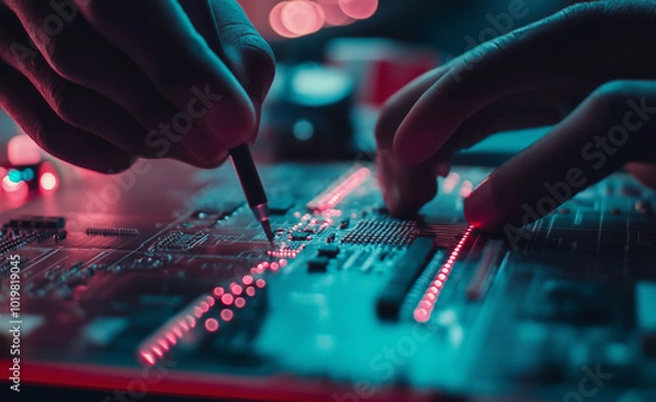 Fototapeta Hands working on a circuit board, with precision tools and glowing red and blue lights.