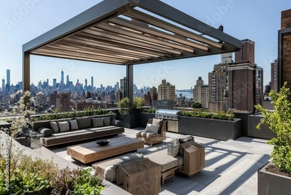 Obraz Chic rooftop terrace with a modern pergola and seating overlooking the cityscape.