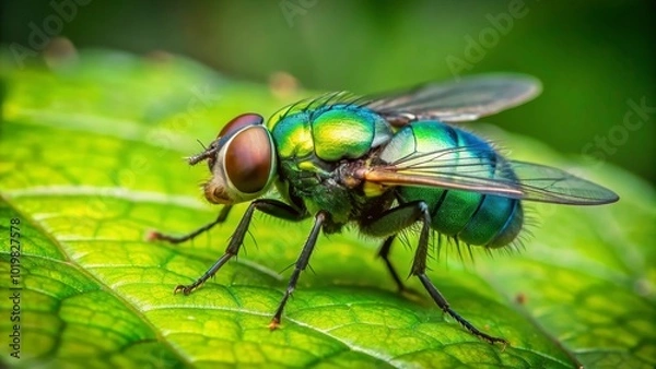 Fototapeta Greenbottle fly perched on green leaf , Insect, nature, wildlife, macro, close-up, colorful, vibrant, detailed, wings, bug, small