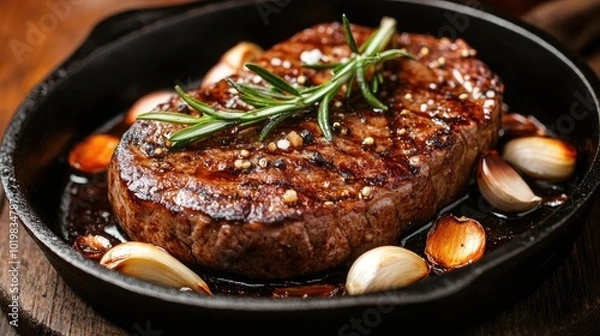 Obraz A sizzling steak on a hot cast-iron skillet, with garlic cloves and rosemary placed around, creating a rustic and hearty meal scene