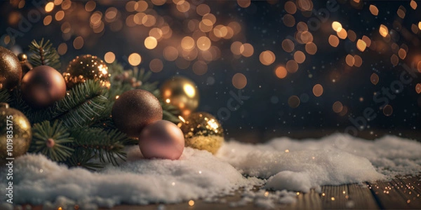 Fototapeta Majestic winter Christmas background features shimmering snow and bokeh, creating an elegant, pink, golden, black and magical atmosphere.