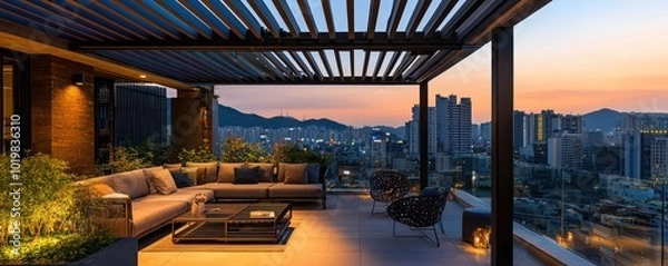 Fototapeta Eco-tech pergola on a South Korean rooftop with views of the urban skyline.