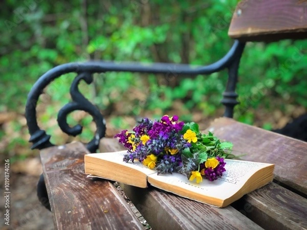 Obraz flowers on a bench